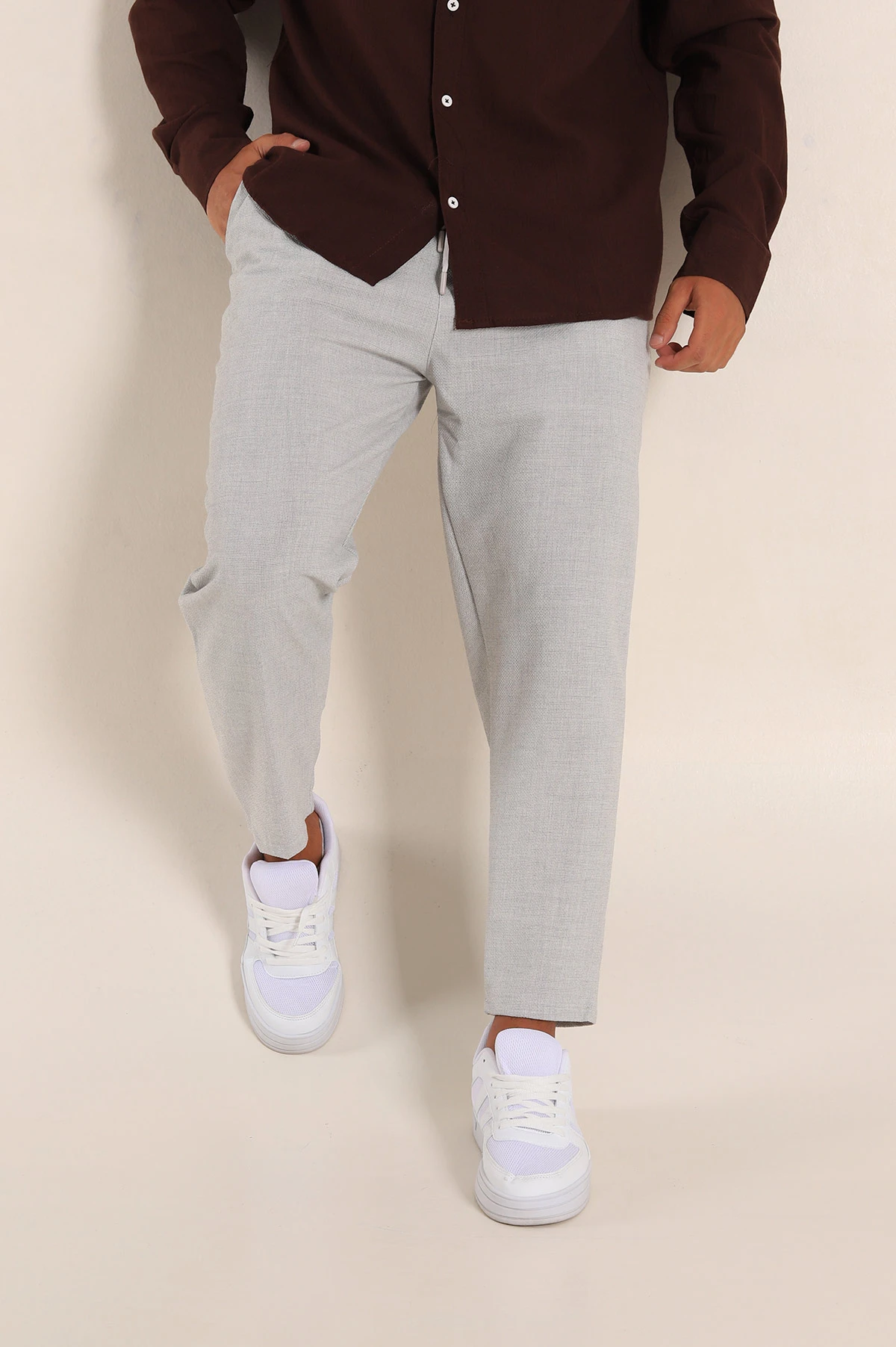 Gri Boyfriend Fit Gofre Kumaş Erkek Kumaş Pantolon 290549