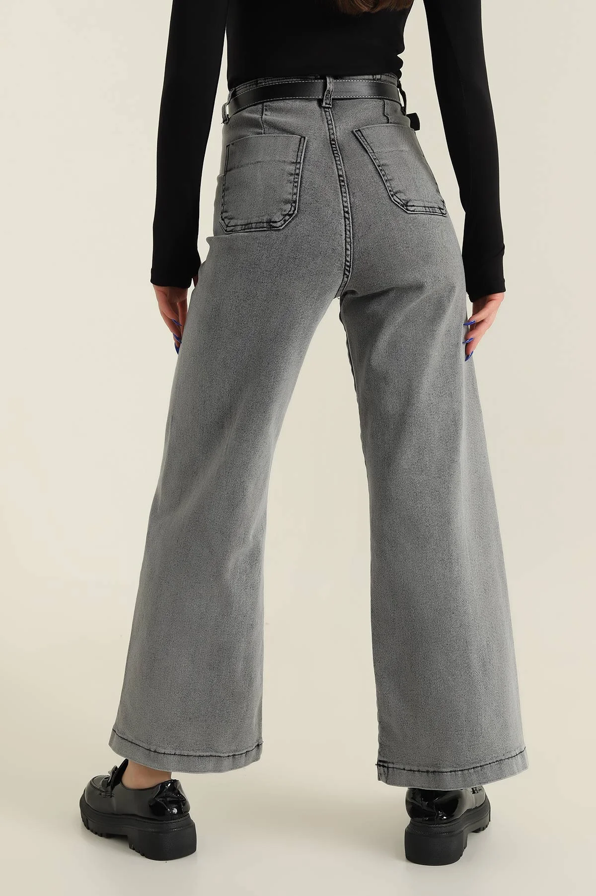 Gri Çimalı Likralı Kemerli Kot Pantolon 425948