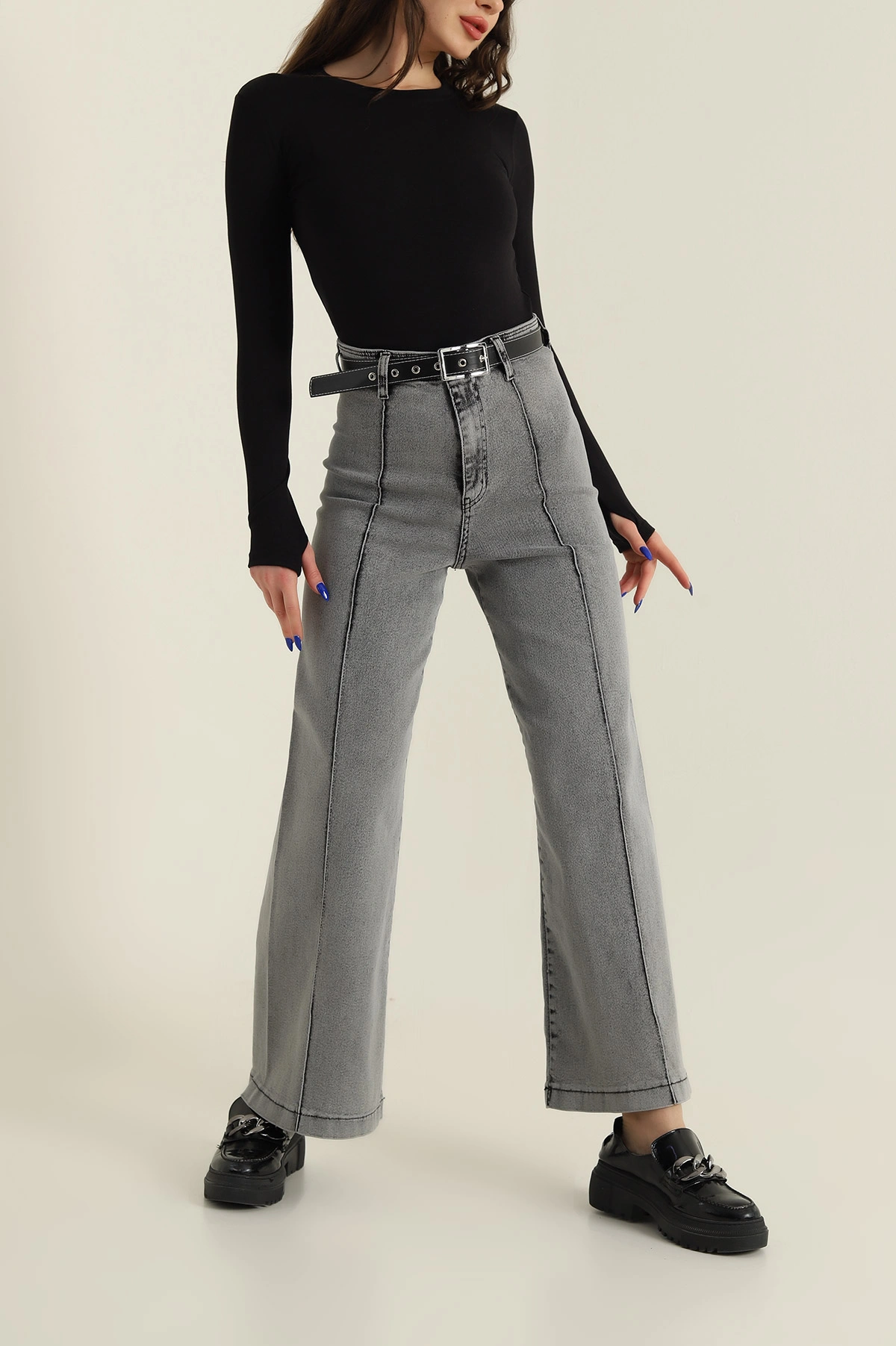 Gri Çimalı Likralı Kemerli Kot Pantolon 425948