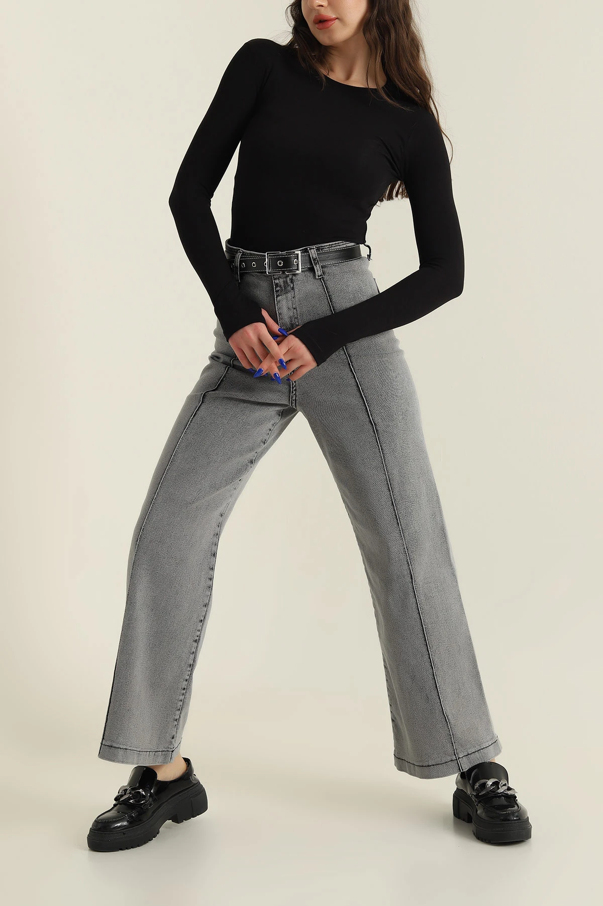 Gri Çimalı Likralı Kemerli Kot Pantolon 425948