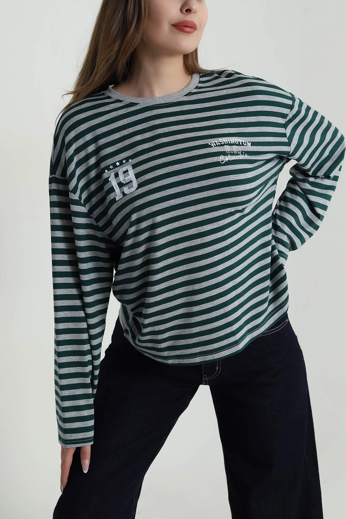 Gri Çizgili Likralı Kadın Sweat 488437