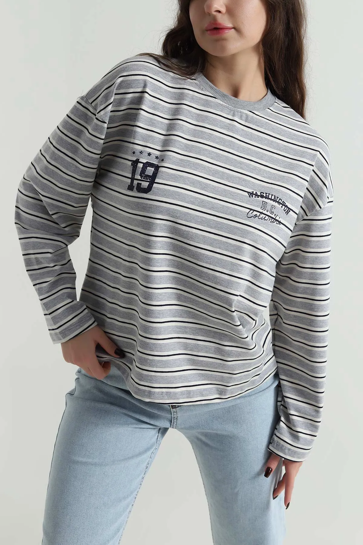 Gri Çizgili Likralı Kadın Sweat 498432