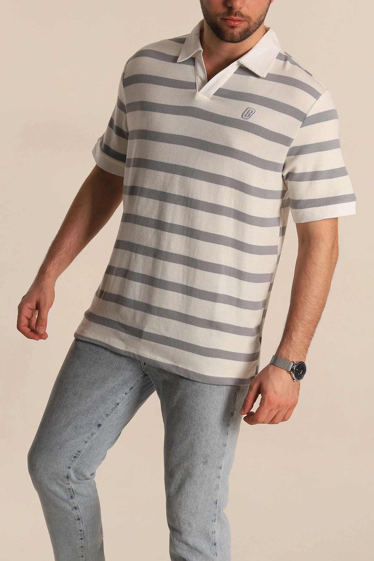 Gri Çizgili Oversize Polo Yaka Erkek Tişört 272825