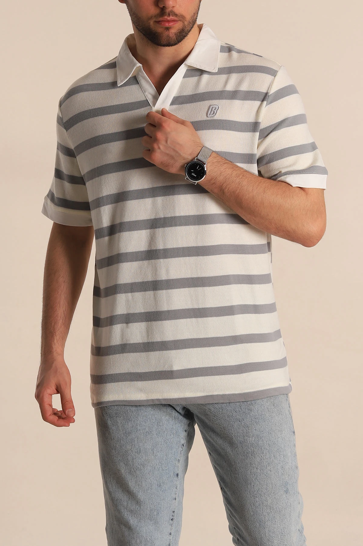 Gri Çizgili Oversize Polo Yaka Erkek Tişört 272825