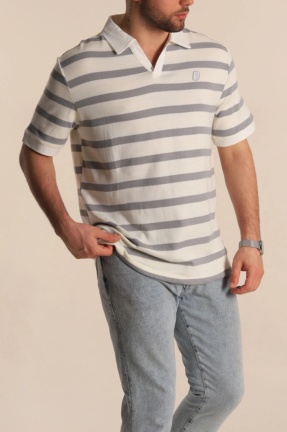Gri Çizgili Oversize Polo Yaka Erkek Tişört 272825