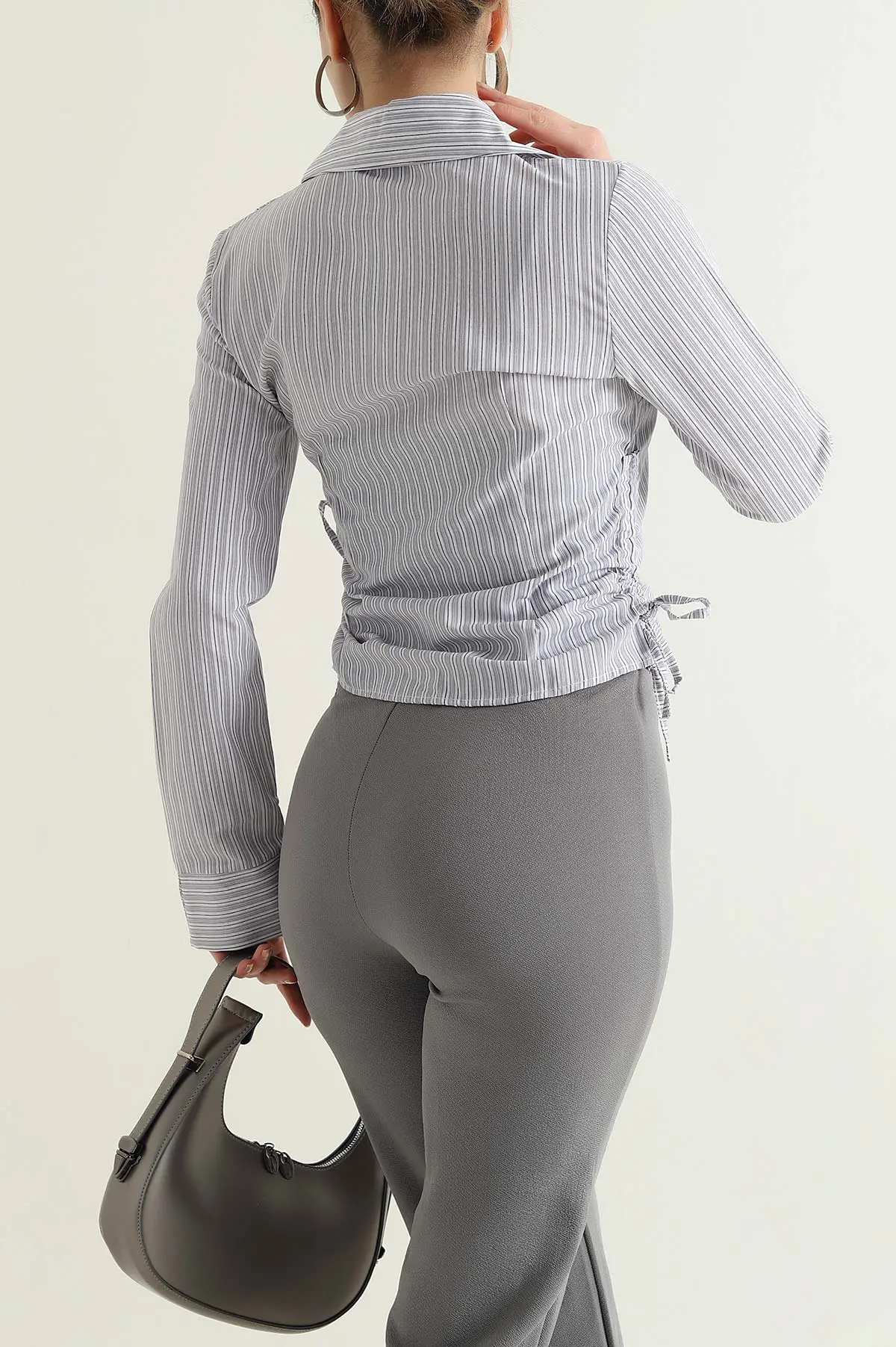 Gri Çizgili Poplin Kadın Gömlek 434272