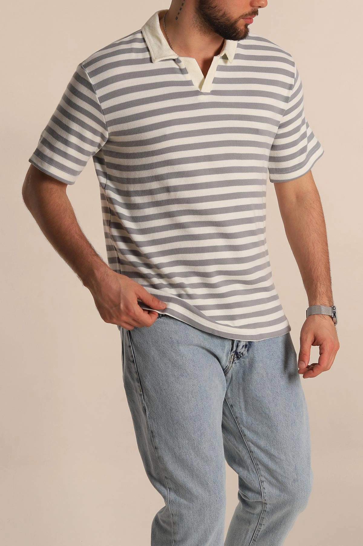 Gri Çizgili Relaxed Fit Polo Yaka Erkek Triko Tişört 276752