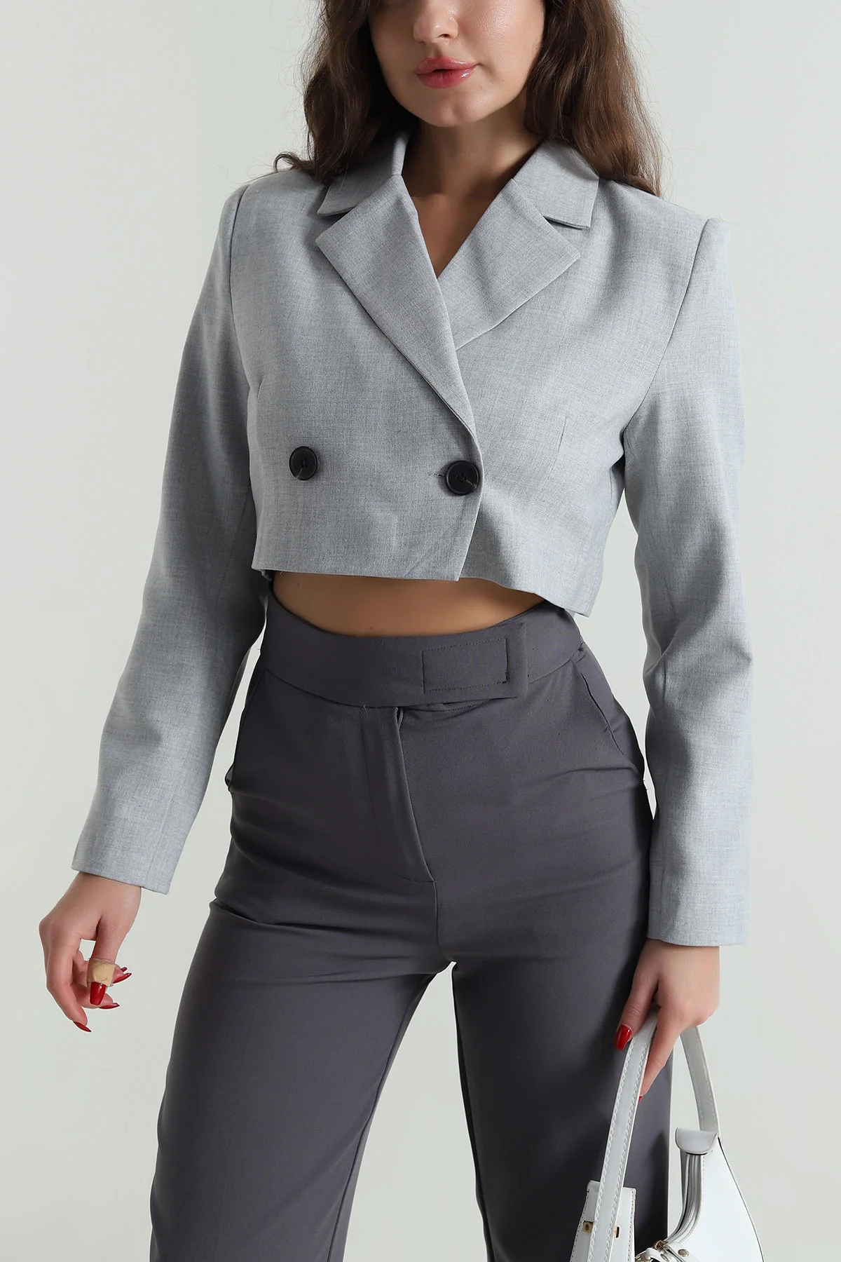 Gri Crop Bezayağı Kadın Ceket 497661