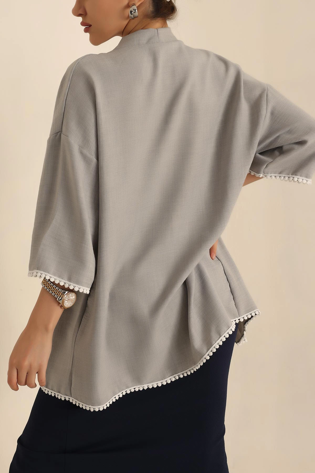 Gri Dantelli Aerobin Dokuma Kimono 244825 | ModamızBir