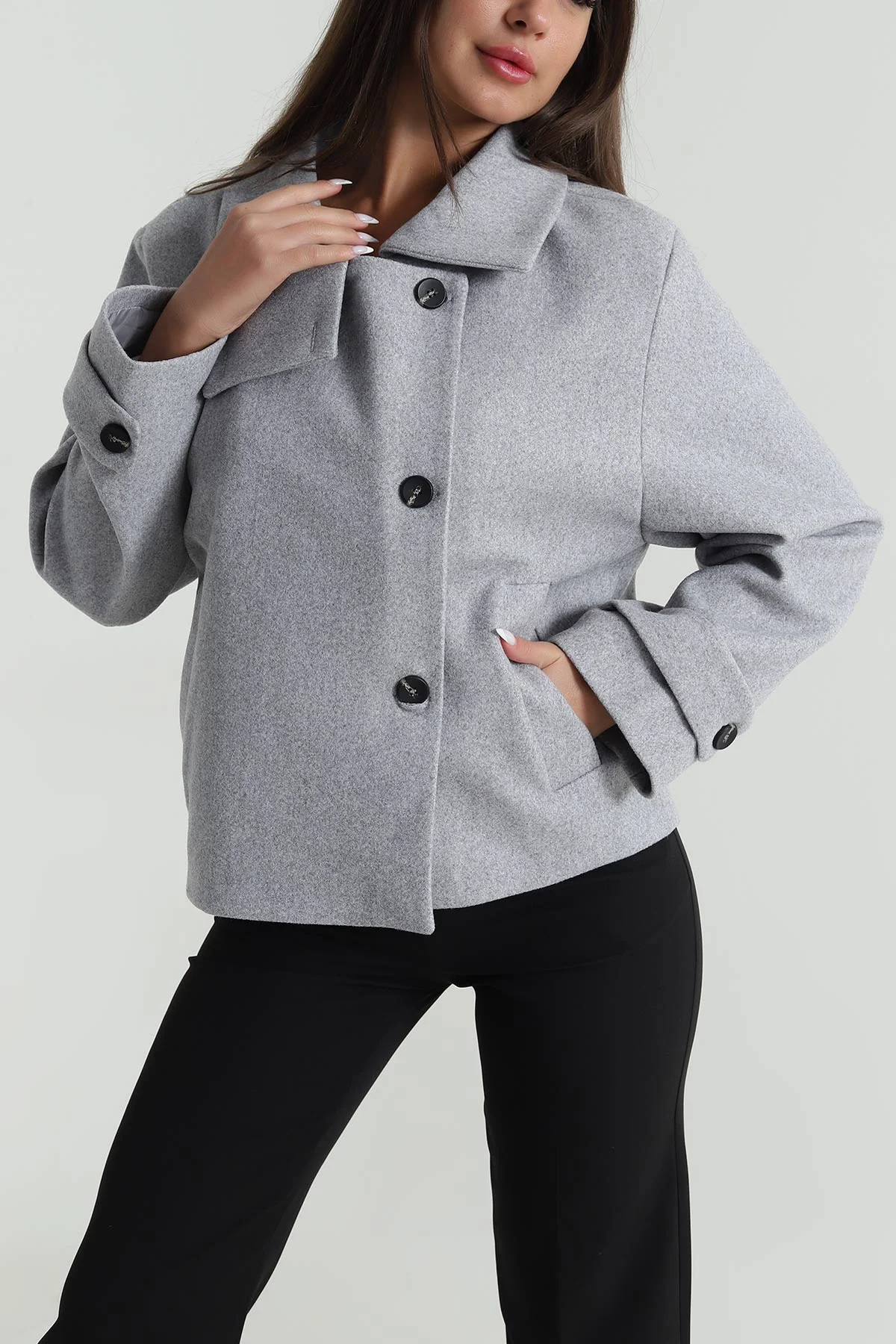 Gri Dik Yaka Kaşe Kadın Mont 488306