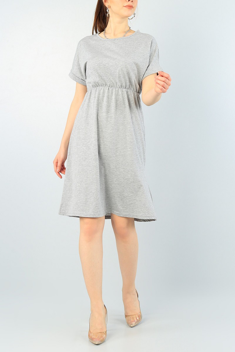 Gri Duble Kol Beli Lastikli Elbise 62173