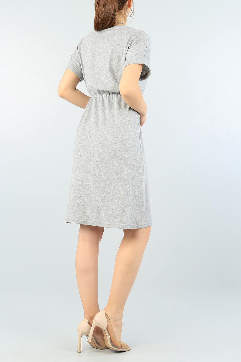 Gri Duble Kol Beli Lastikli Elbise 62173