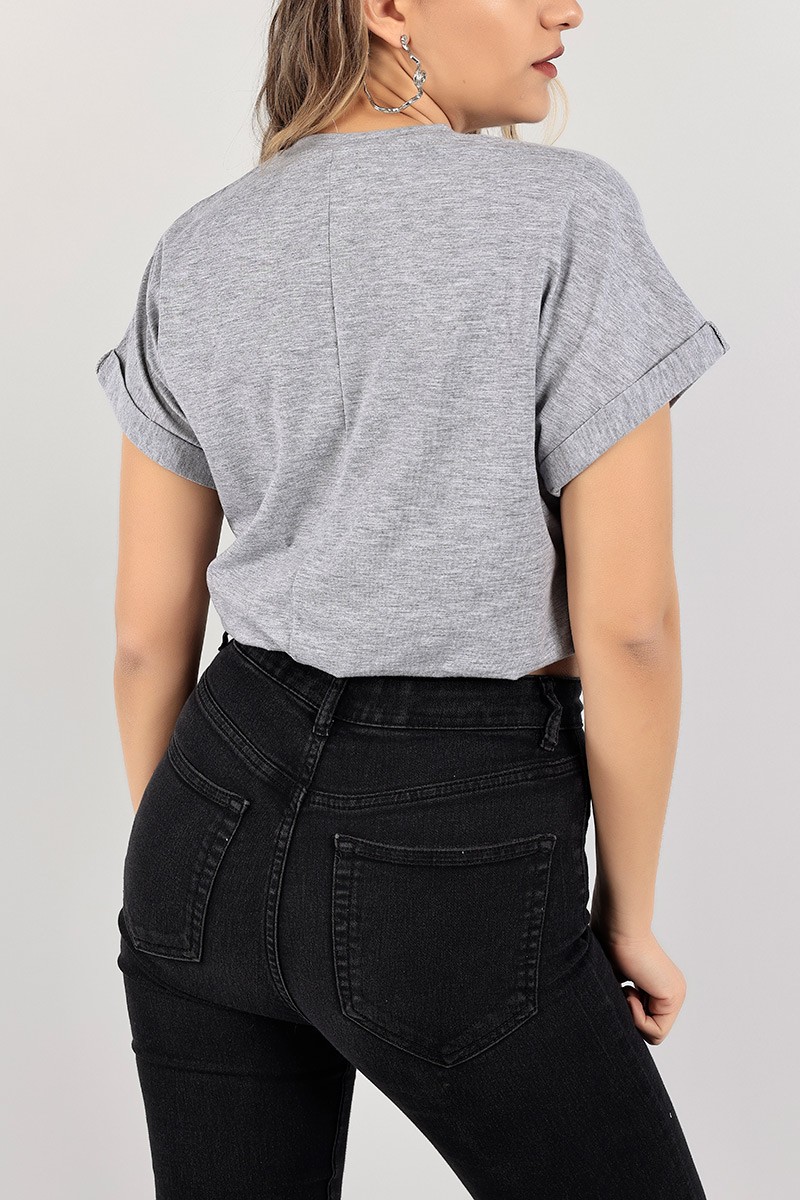 Gri Duble Kol Beli Lastikli Tişört 103044