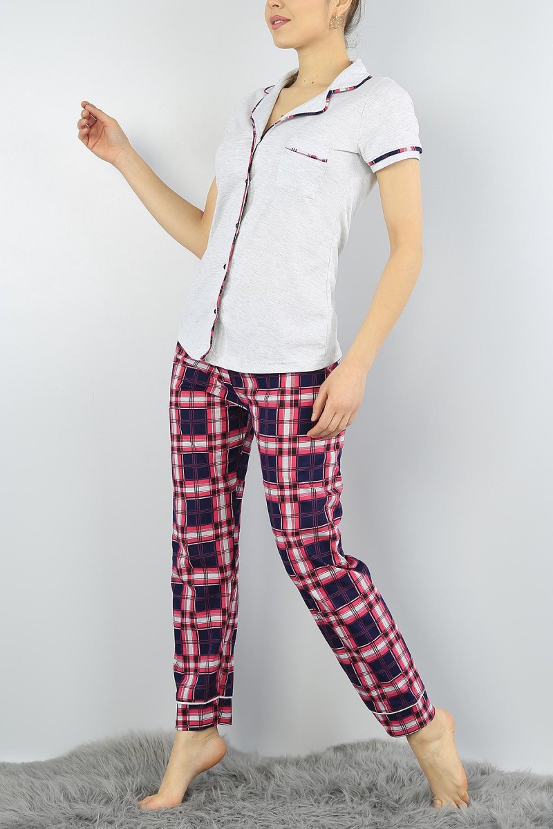 Gri Düğmeli Baskılı Bayan Pijama Takımı 55000