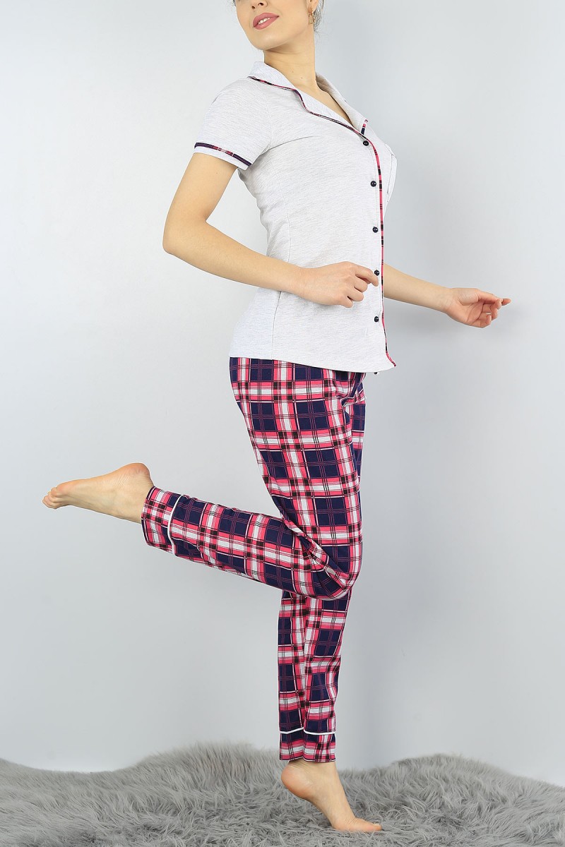 Gri Düğmeli Baskılı Bayan Pijama Takımı 55000