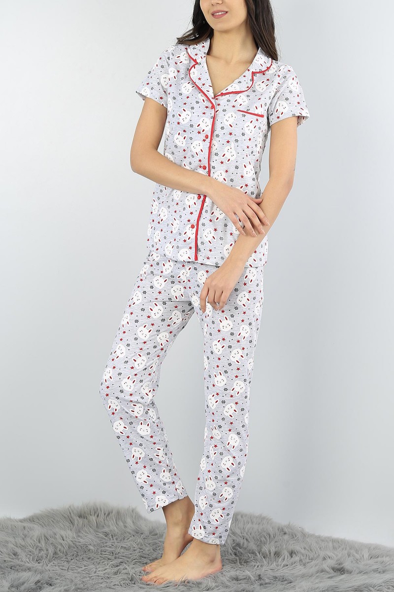 Gri Düğmeli Bayan  Baskılı Pijama Takımı 54962