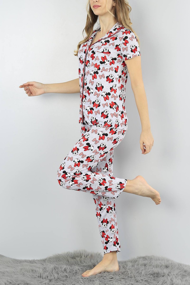 Gri Düğmeli Bayan Baskılı Pijama Takımı 54967