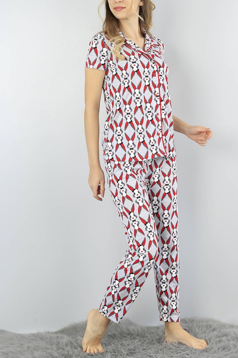 Gri Düğmeli Bayan Baskılı Pijama Takımı 54987