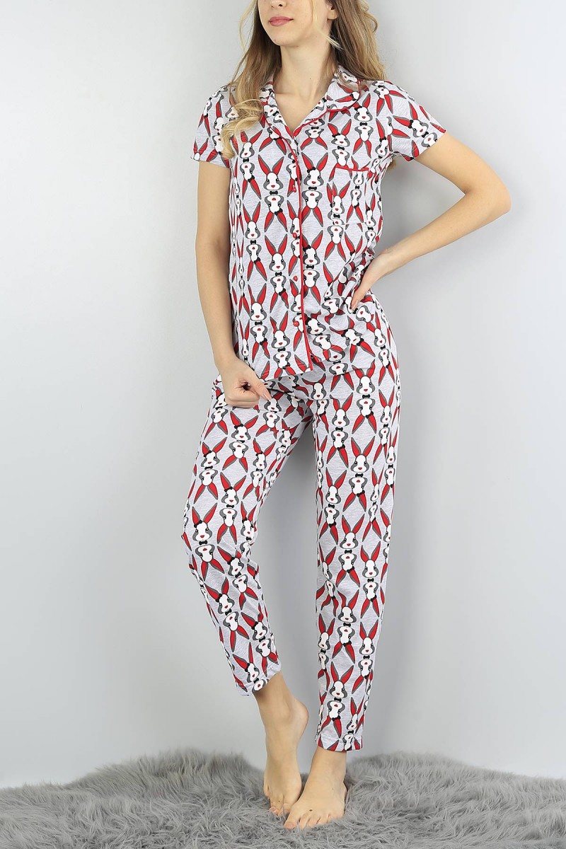 Gri Düğmeli Bayan Baskılı Pijama Takımı 54987