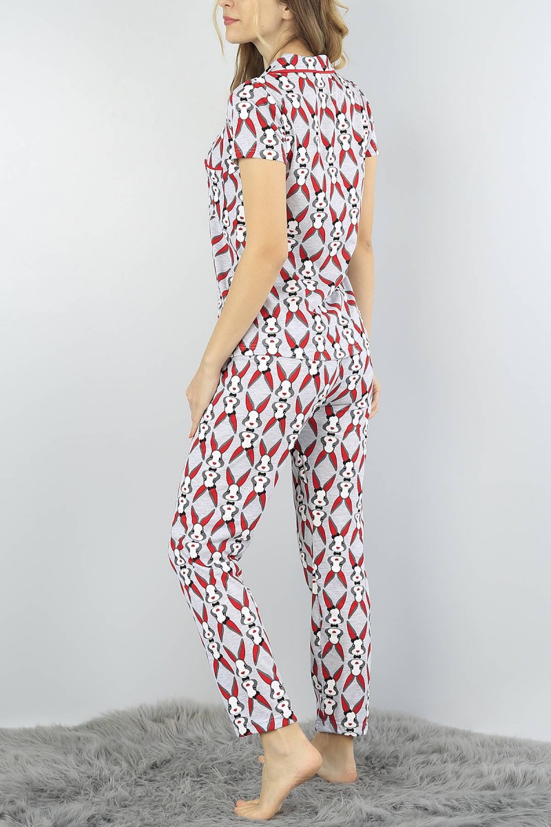 Gri Düğmeli Bayan Baskılı Pijama Takımı 54987