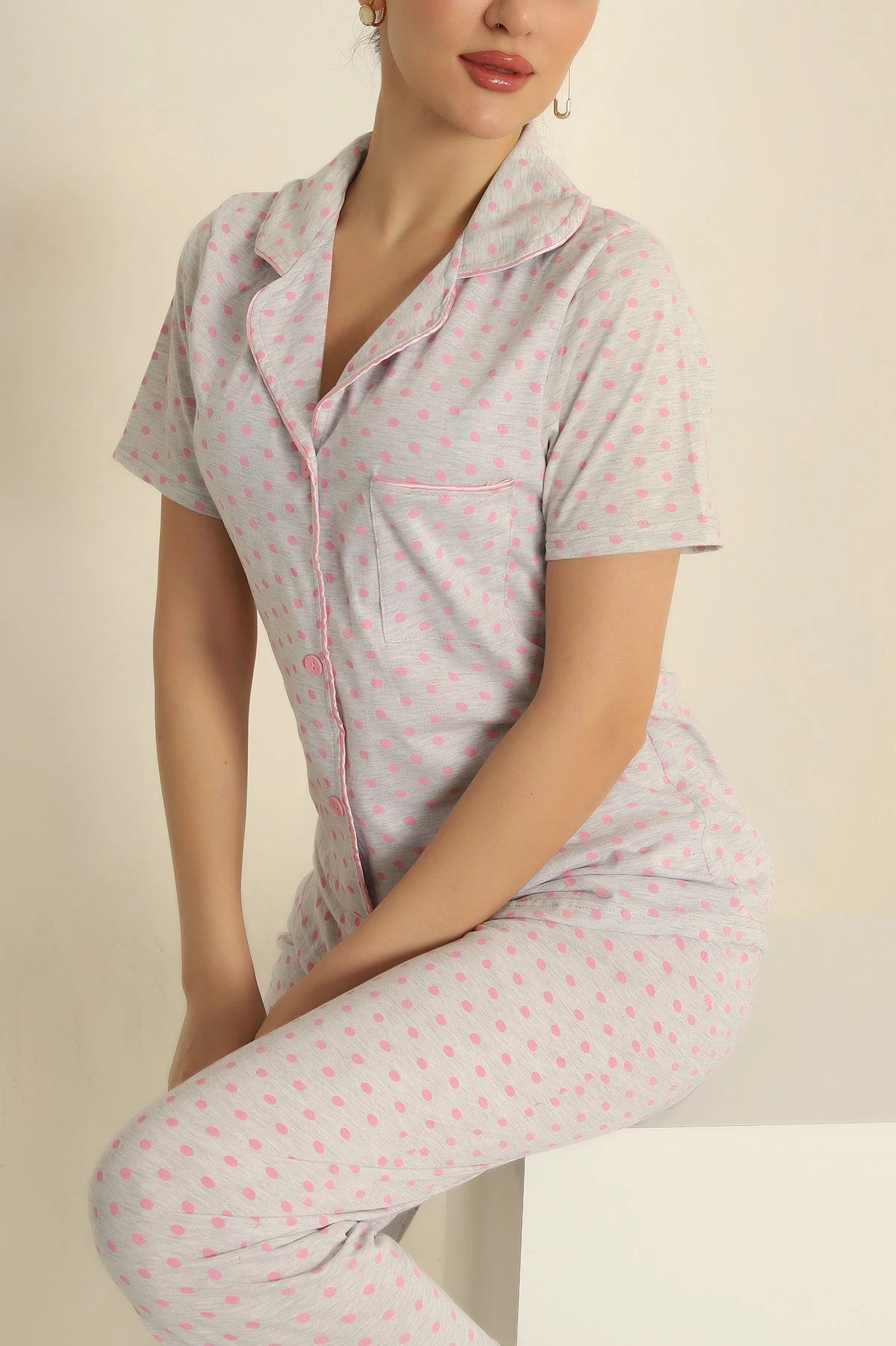 Gri Düğmeli Bayan Pijama Takımı 251567