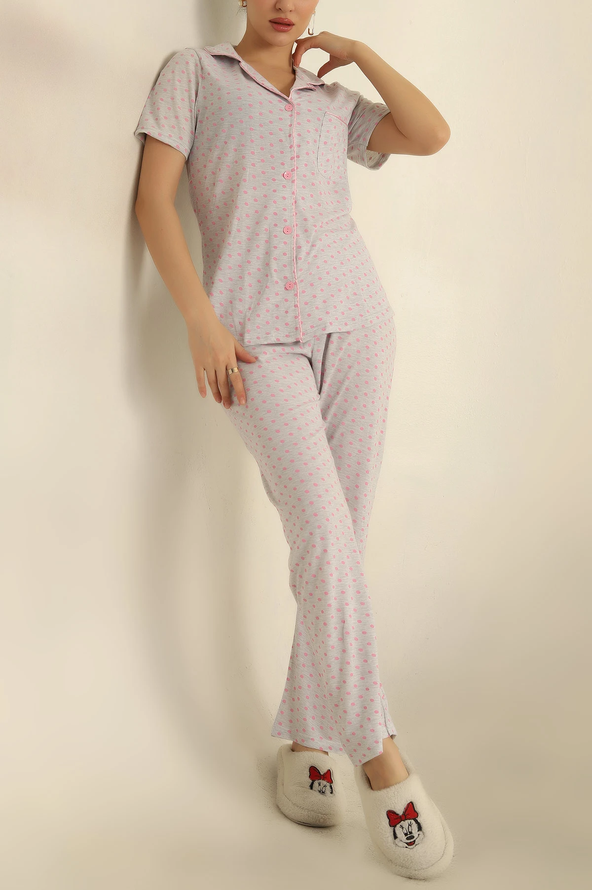 Gri Düğmeli Bayan Pijama Takımı 251567