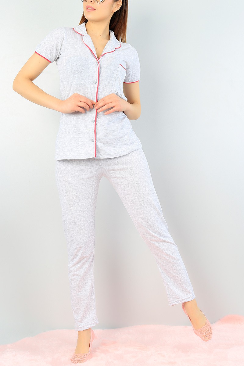Gri Düğmeli Bayan Pijama Takımı 64210