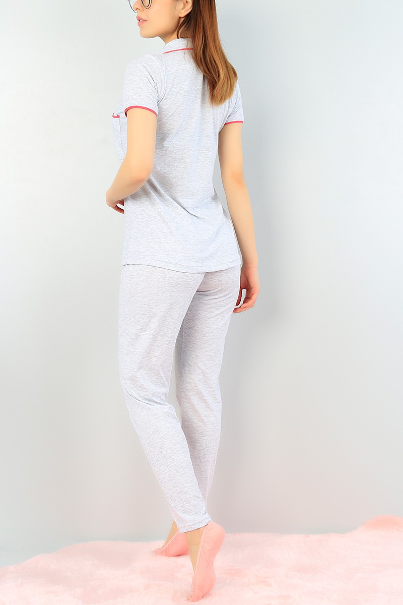 Gri Düğmeli Bayan Pijama Takımı 64210