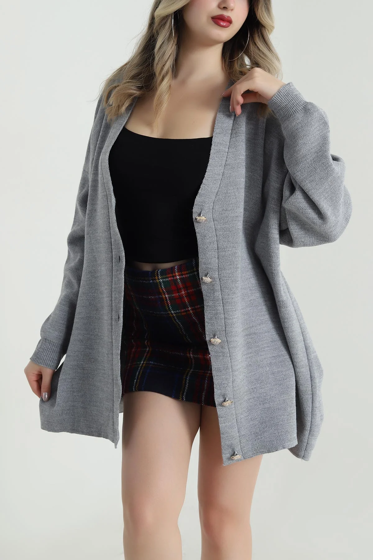 Gri Düğmeli Oversize Kadın Triko Hırka 490715
