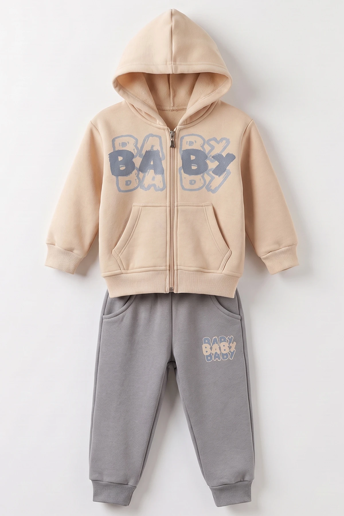 Gri Ekru (1-5 Yaş) Baby Baskılı Kapüşonlu Fermuarlı 3 İp Şardonlu Erkek Çocuk Kışlık Takım 487807