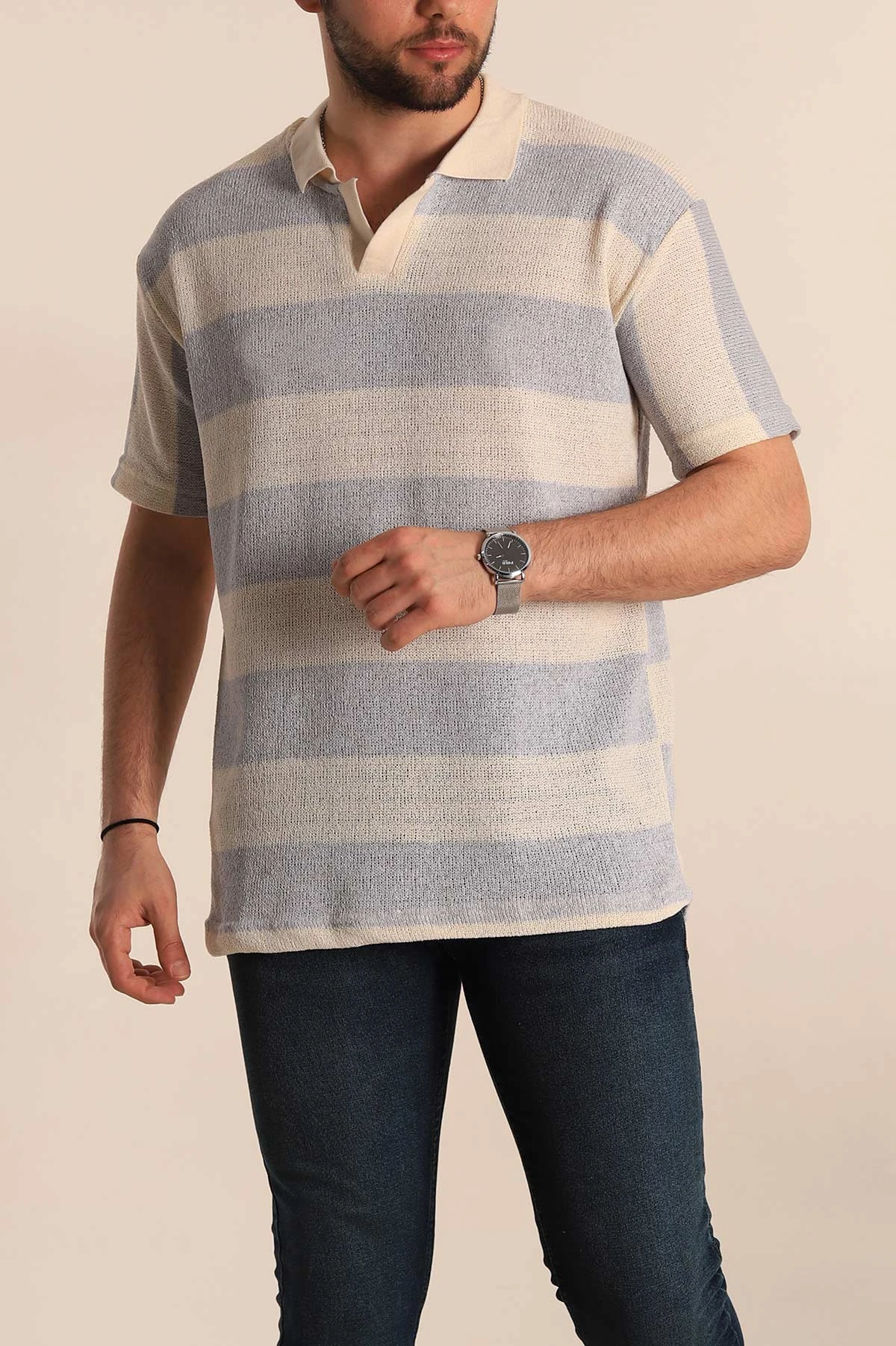 Gri Ekru Geniş Çizgili Oversize Polo Yaka Erkek Tişört 269204