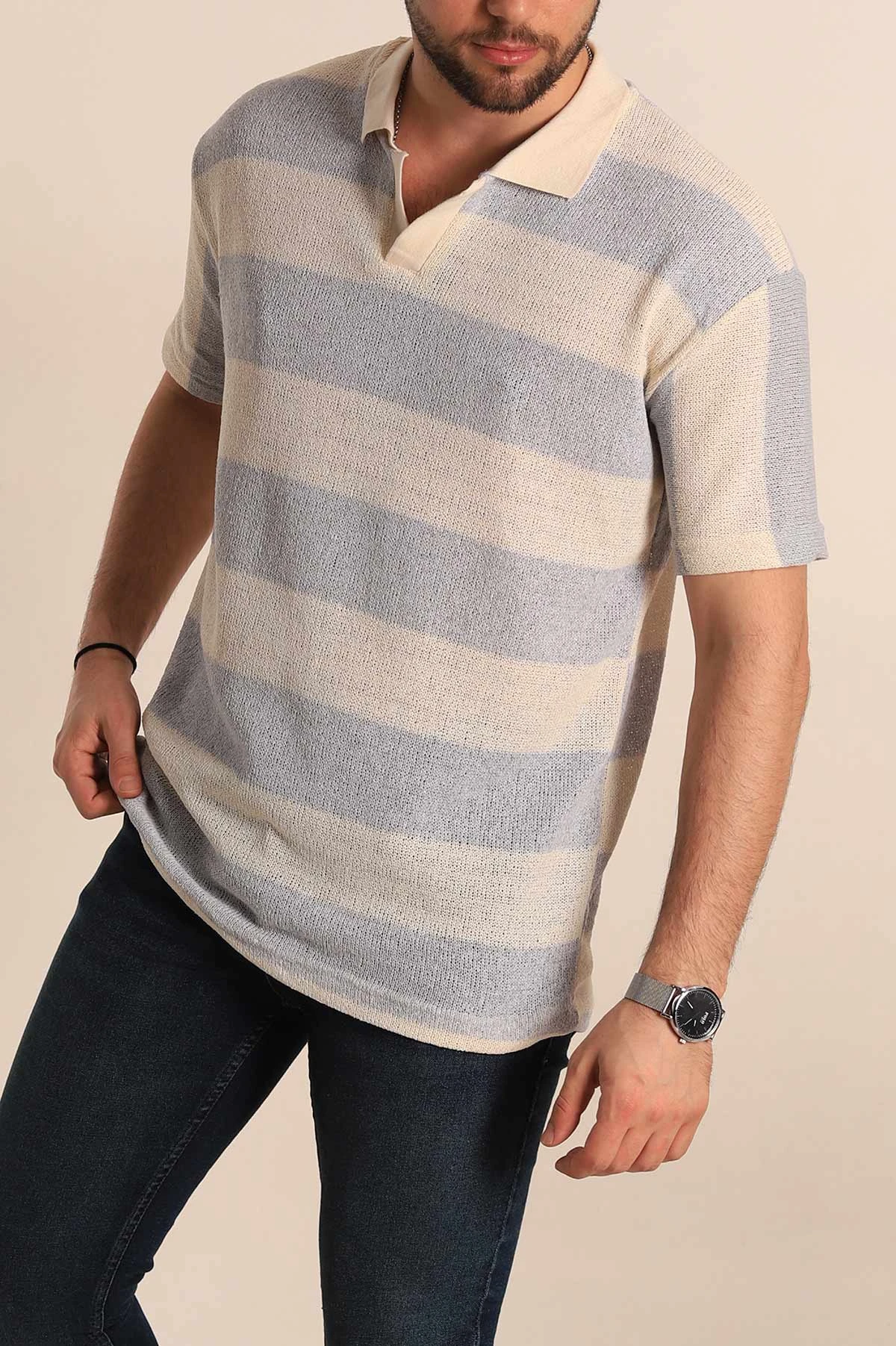 Gri Ekru Geniş Çizgili Oversize Polo Yaka Erkek Tişört 269204