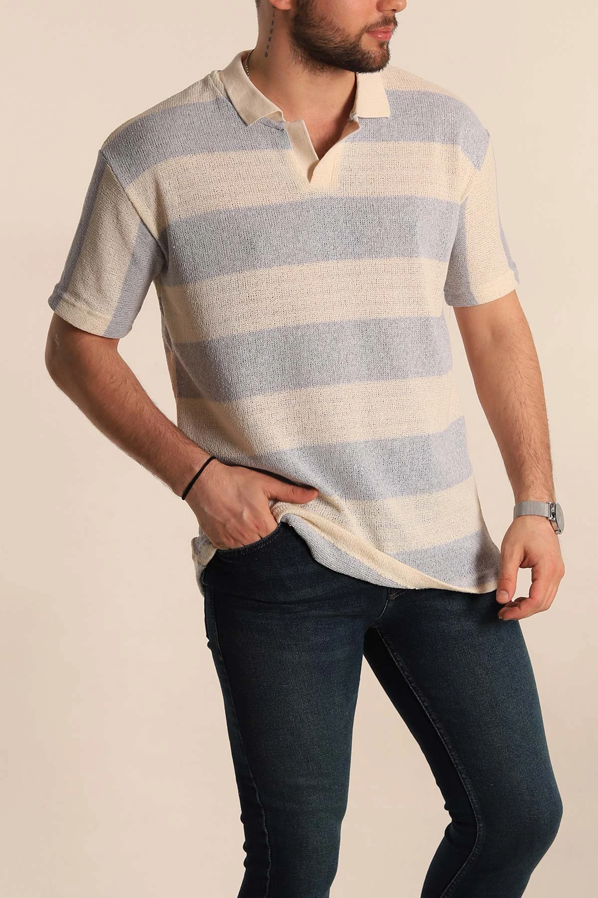 Gri Ekru Geniş Çizgili Oversize Polo Yaka Erkek Tişört 269204
