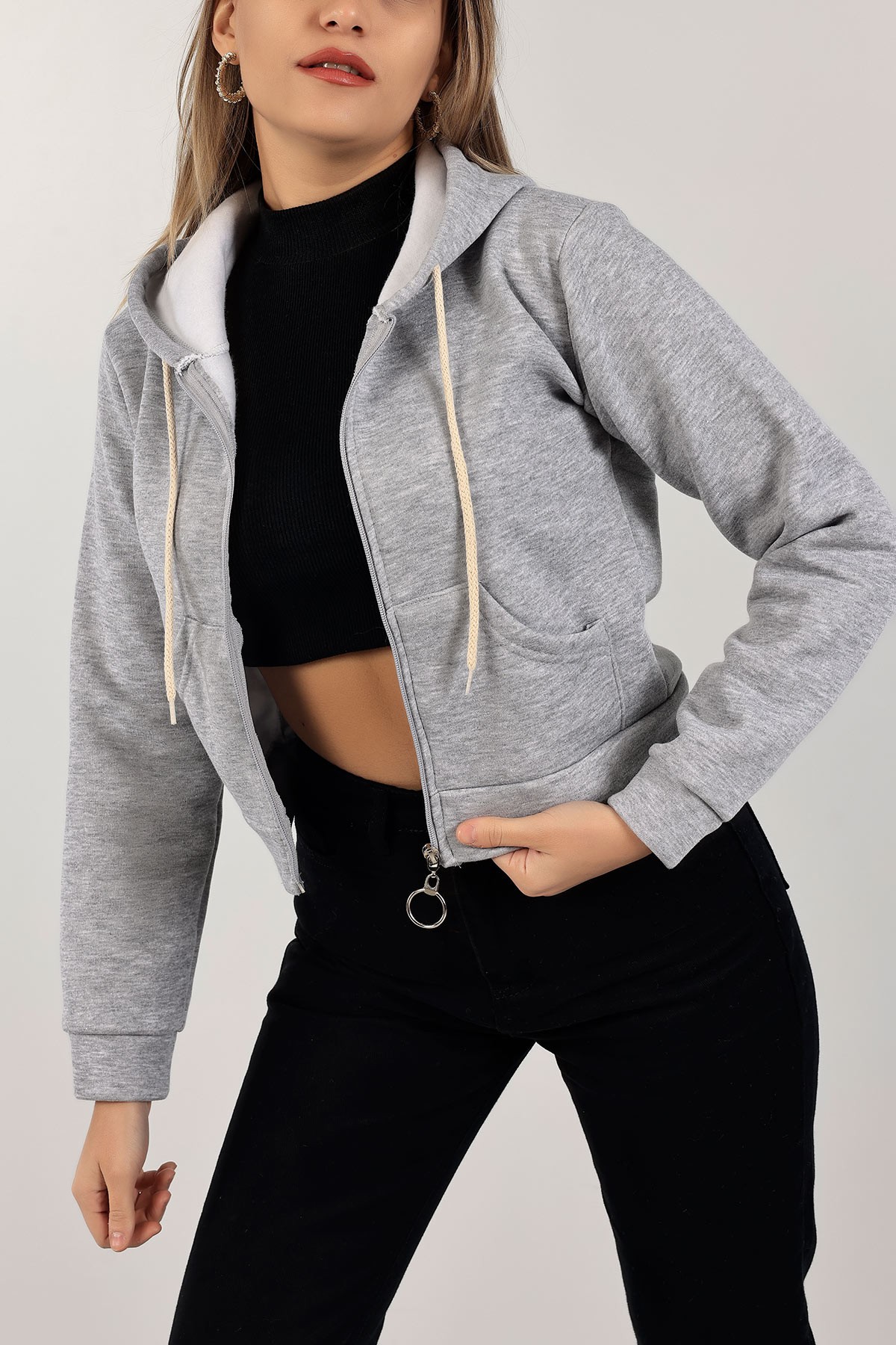 Gri Fermuarlı İçi Şardonlu Bayan Sweat 141255