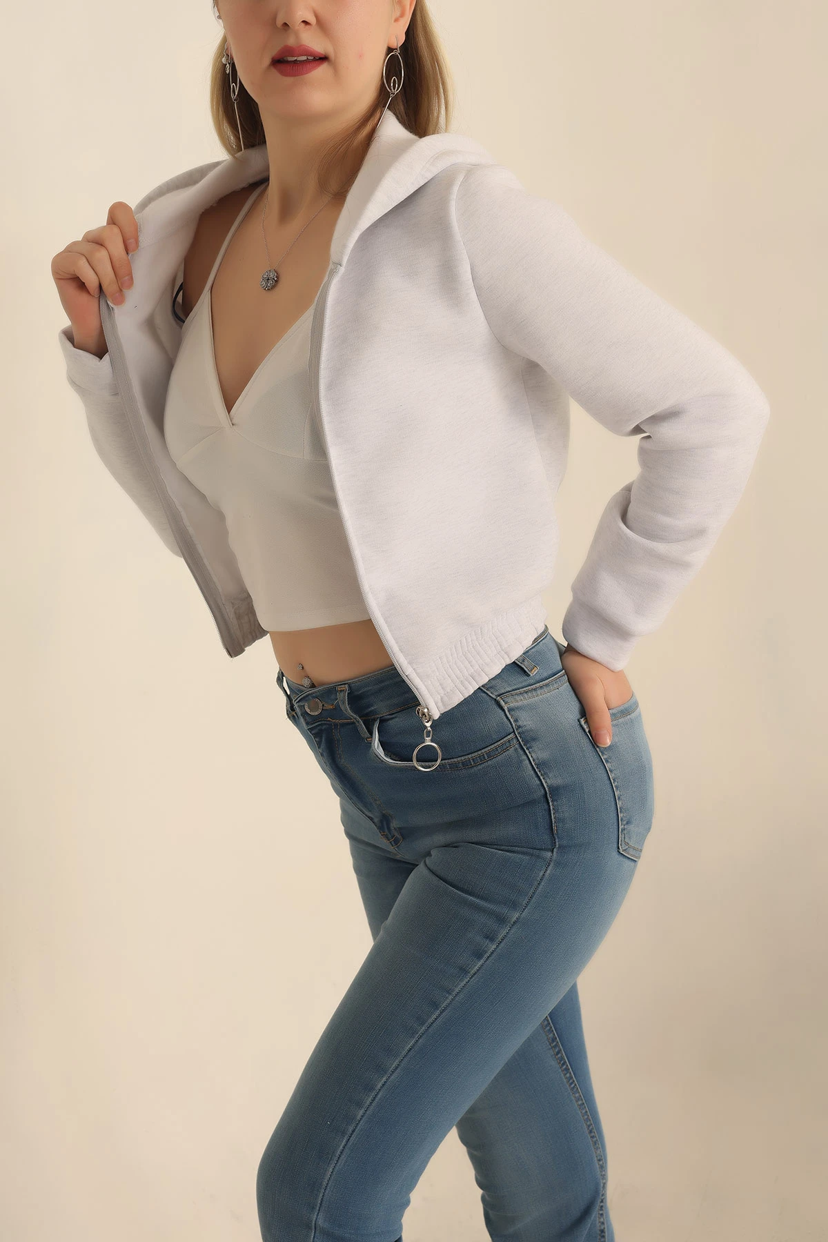 Gri Fermuarlı İçi Şardonlu Bayan Sweat -T 238735
