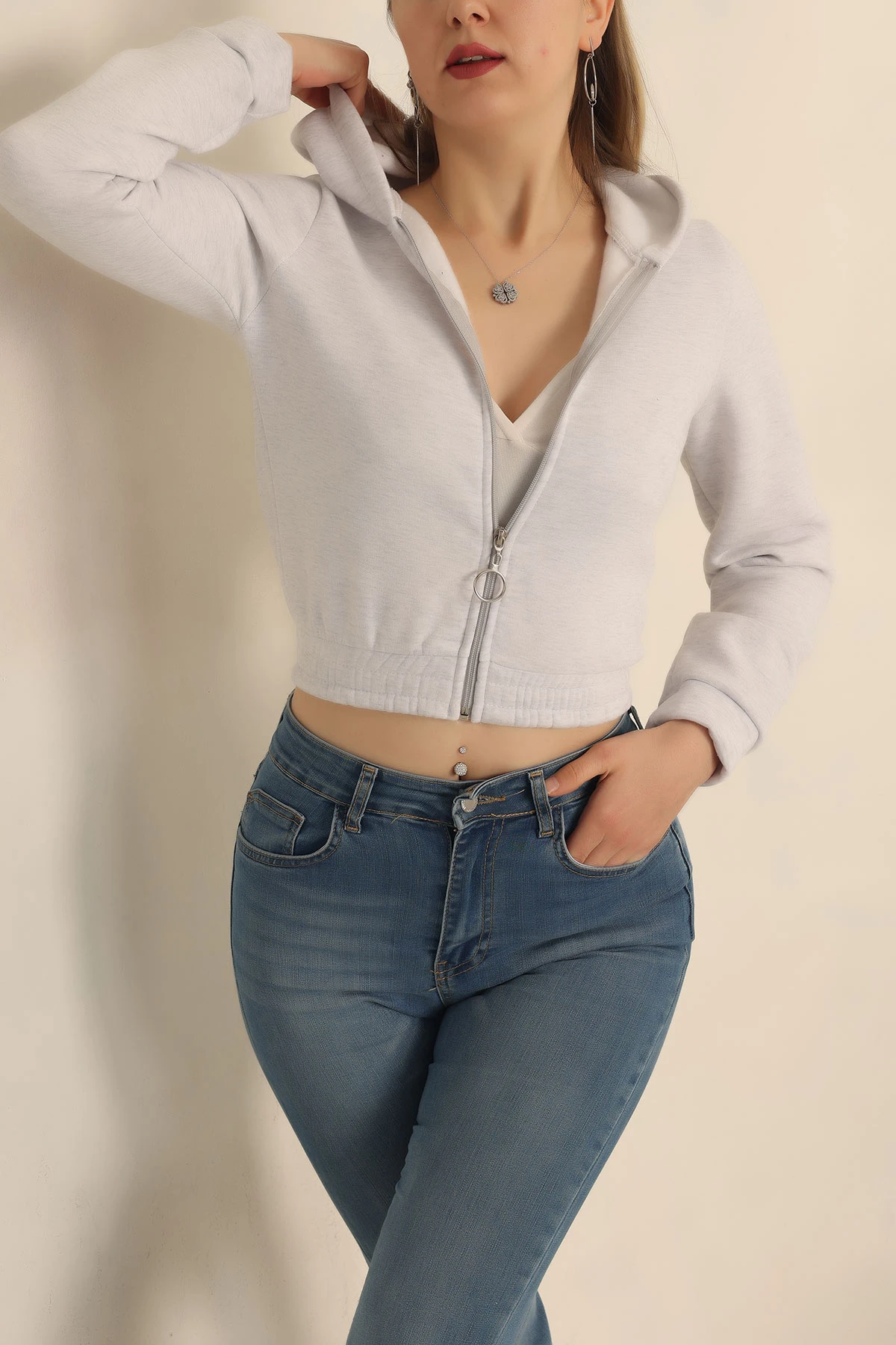 Gri Fermuarlı İçi Şardonlu Bayan Sweat -T 238735