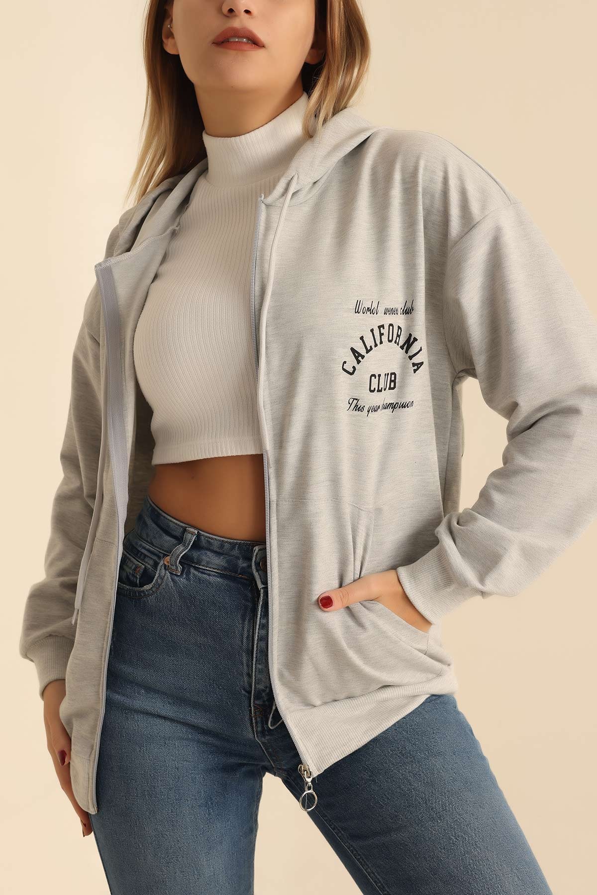 Gri Fermuarlı İki İp Bayan Sweat 212962