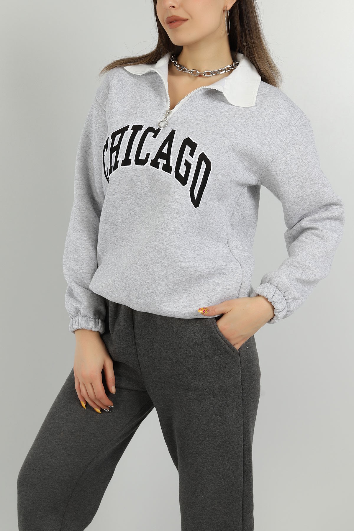 Gri Fermuarlı Şardonlu Bayan Sweat 146341