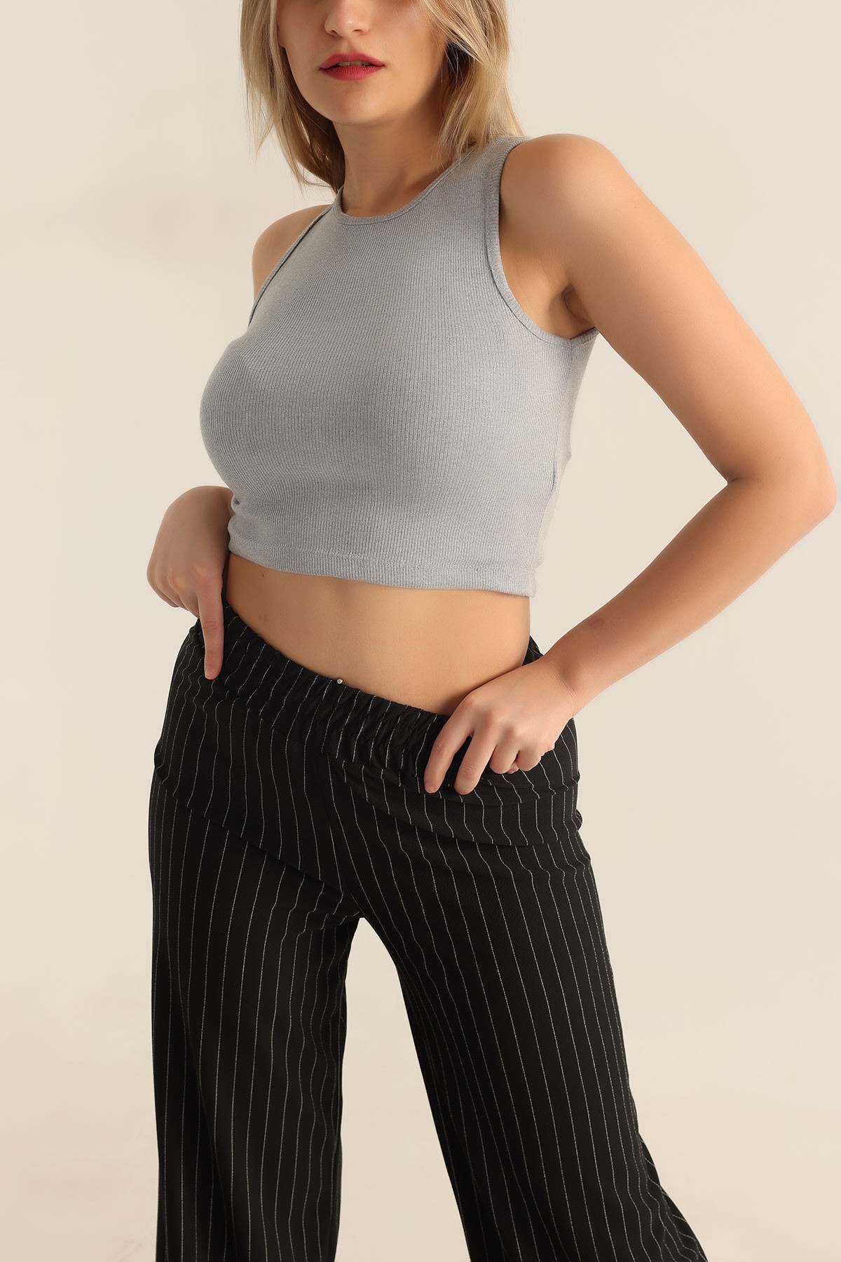Gri Fitilli Bayan Crop Üst 181453