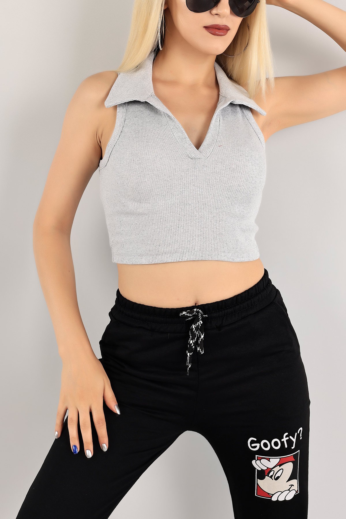 Gri Fitilli Crop Bluz 121317