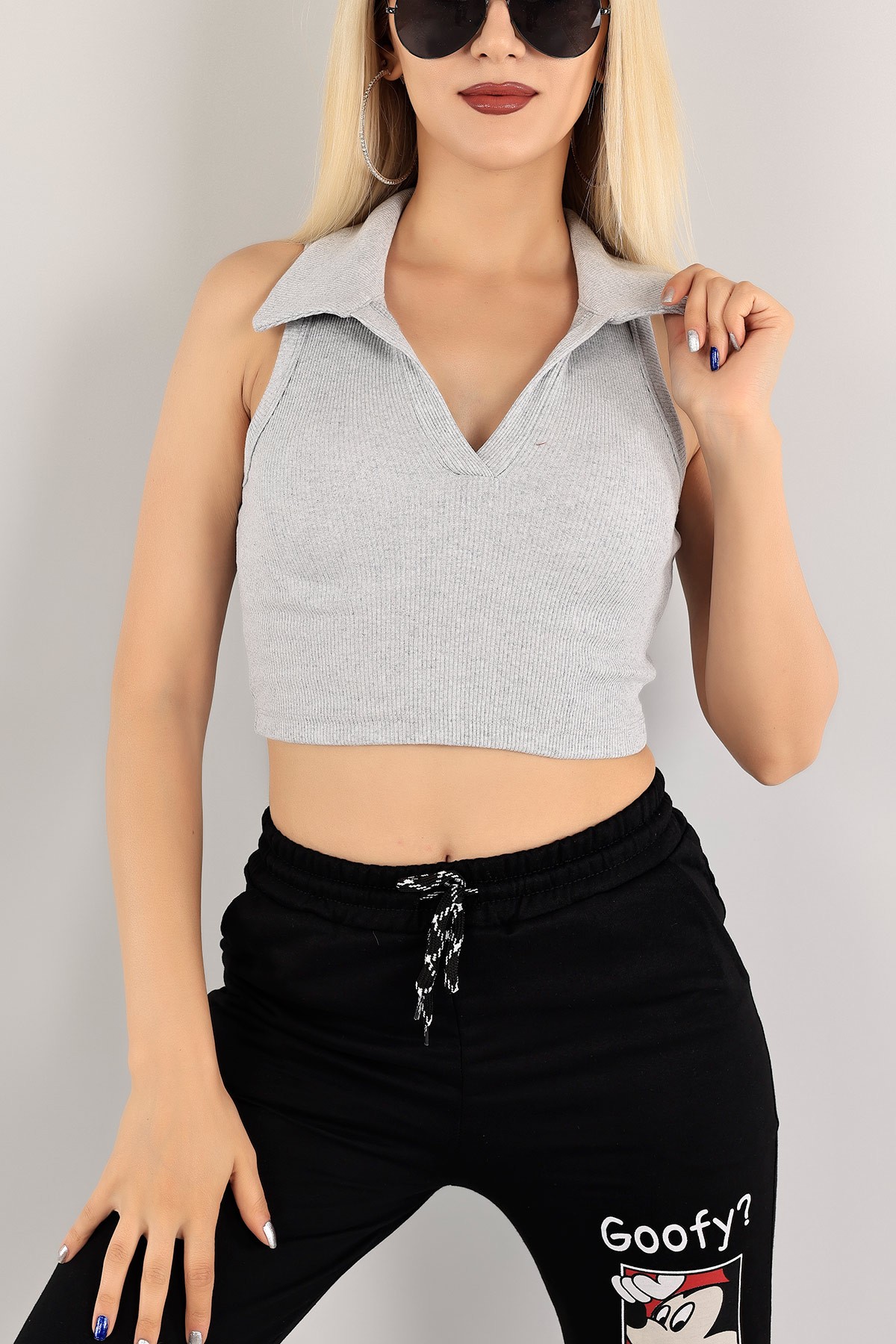 Gri Fitilli Crop Bluz 121317