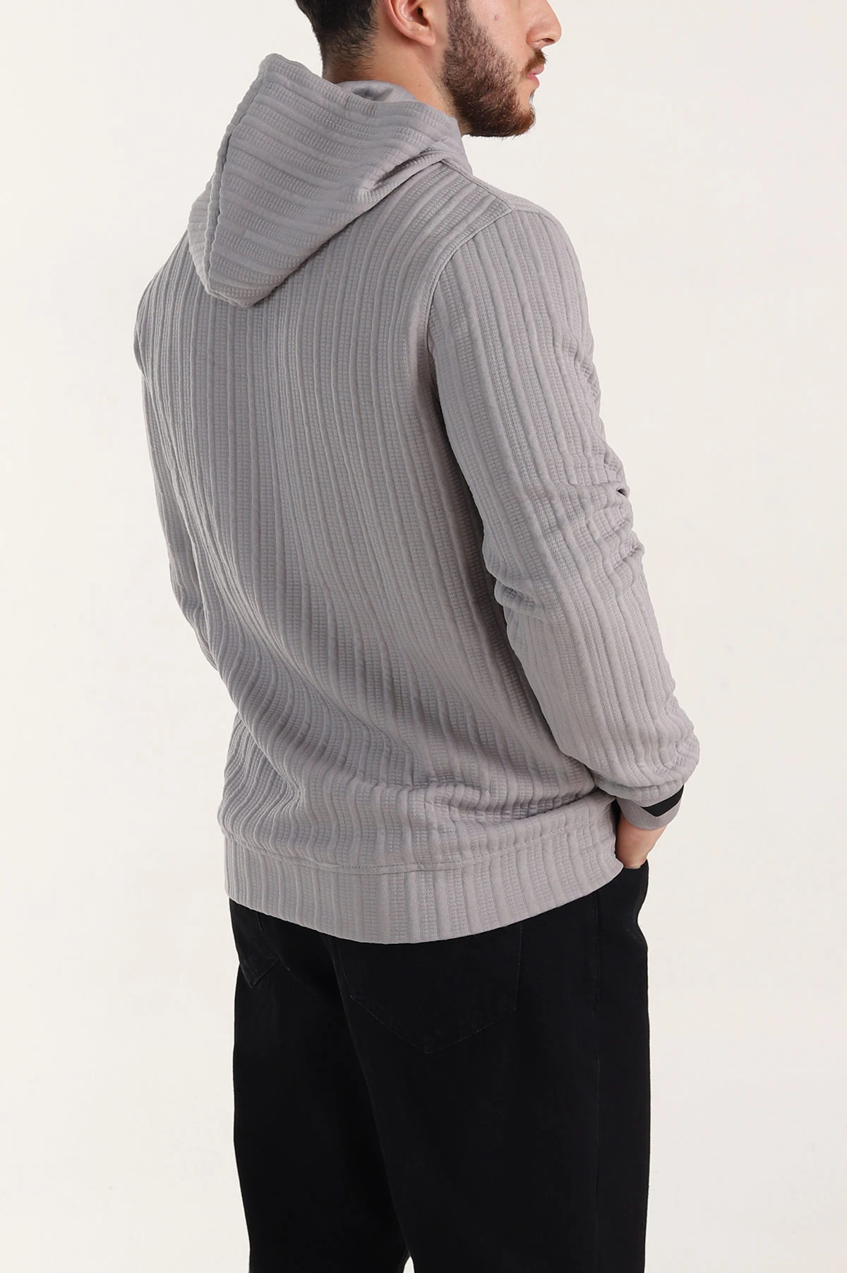 Gri Fitilli Yazı Detaylı Kapüşonlu Erkek Sweatshirt 396203
