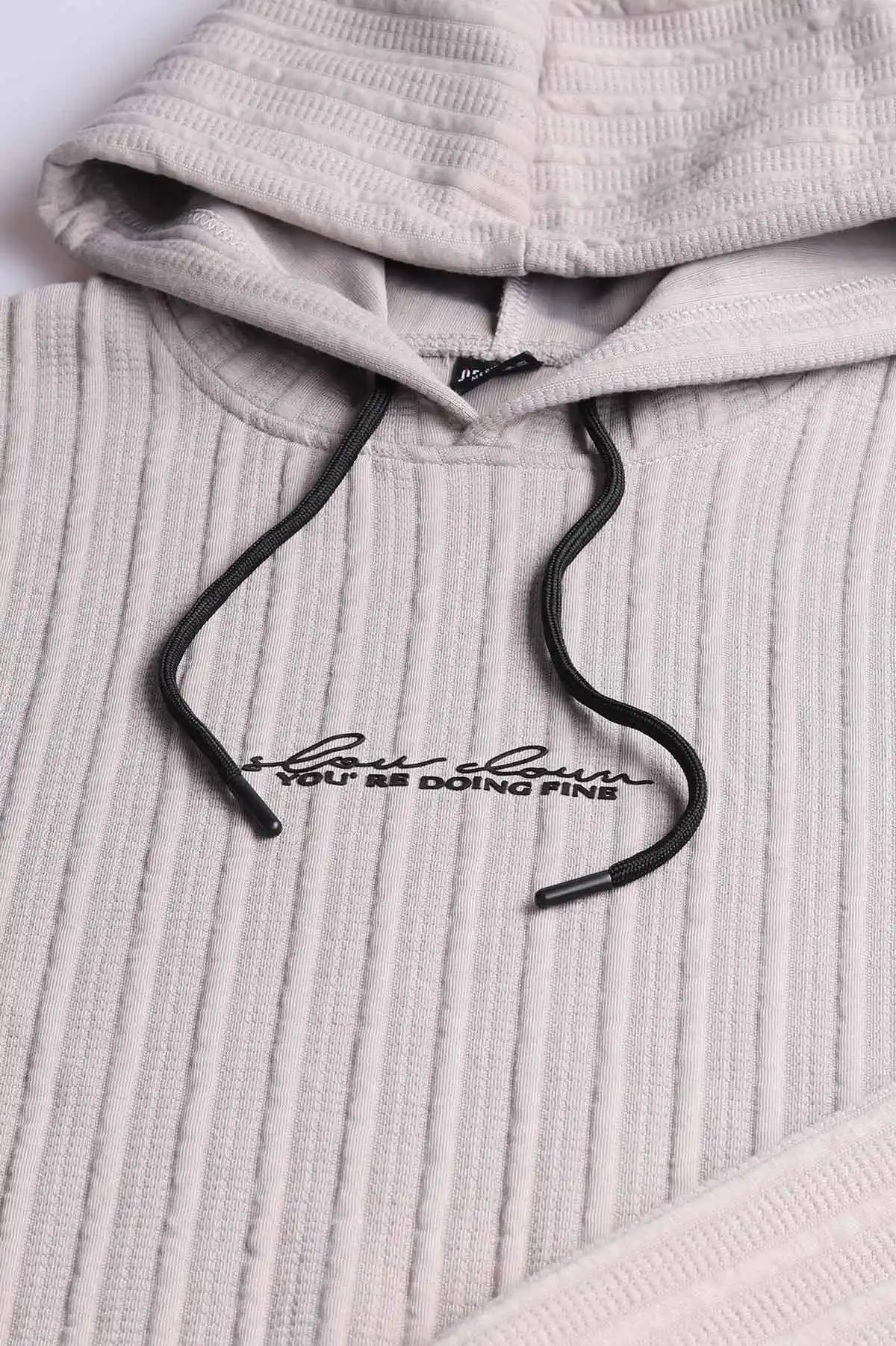 Gri Fitilli Yazı Detaylı Kapüşonlu Erkek Sweatshirt 396203
