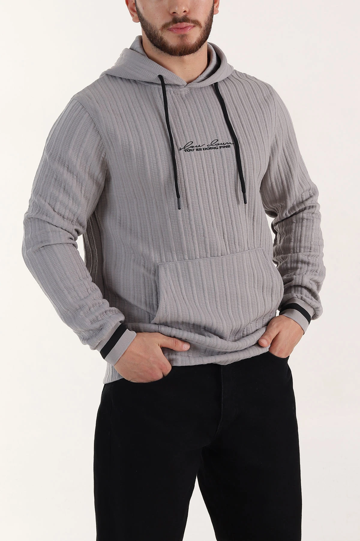Gri Fitilli Yazı Detaylı Kapüşonlu Erkek Sweatshirt 396203