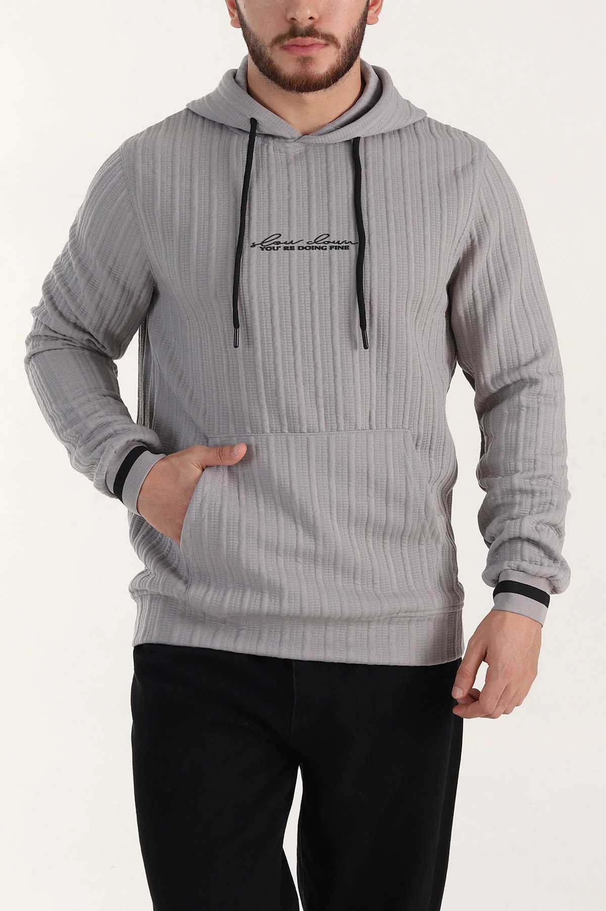 Gri Fitilli Yazı Detaylı Kapüşonlu Erkek Sweatshirt 396203