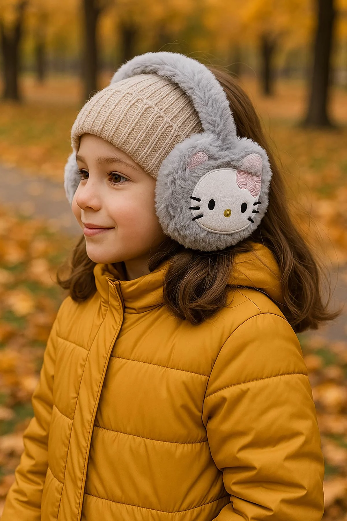 Gri Fiyonklu Kedicik Nakışlı Peluş Çocuk Kulaklık 410849