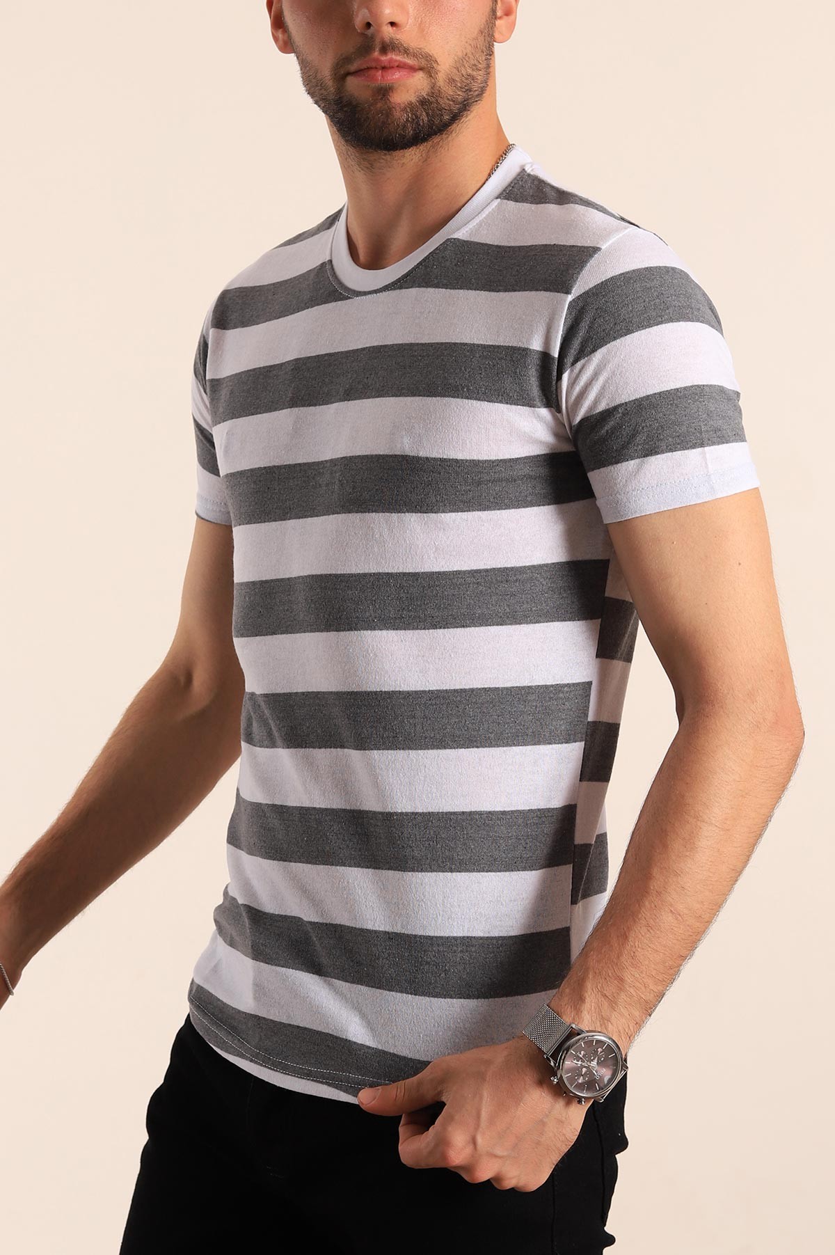 Gri Geniş Çizgili Regular Fit Erkek Tişört 189823