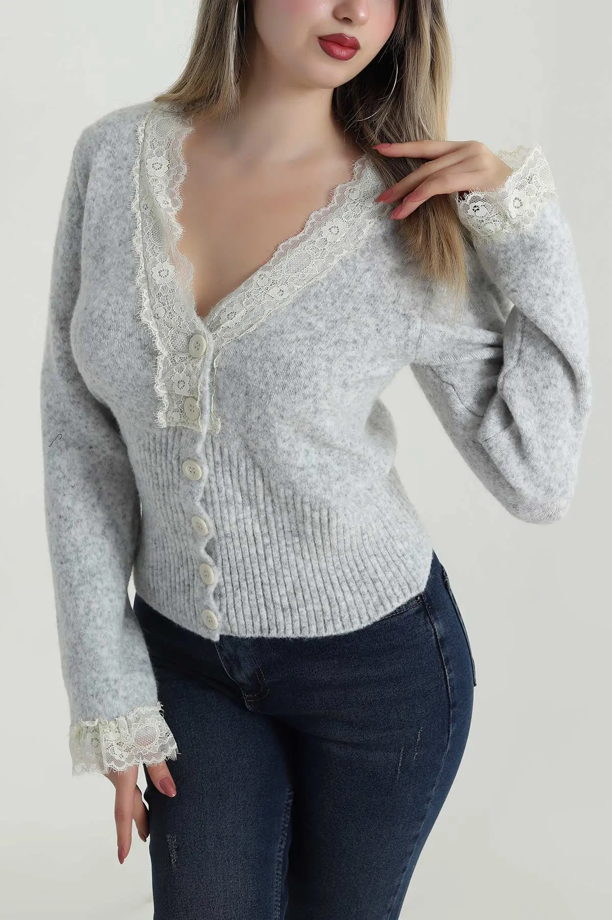 Gri Güpür Detay Kadın Triko Hırka 485507