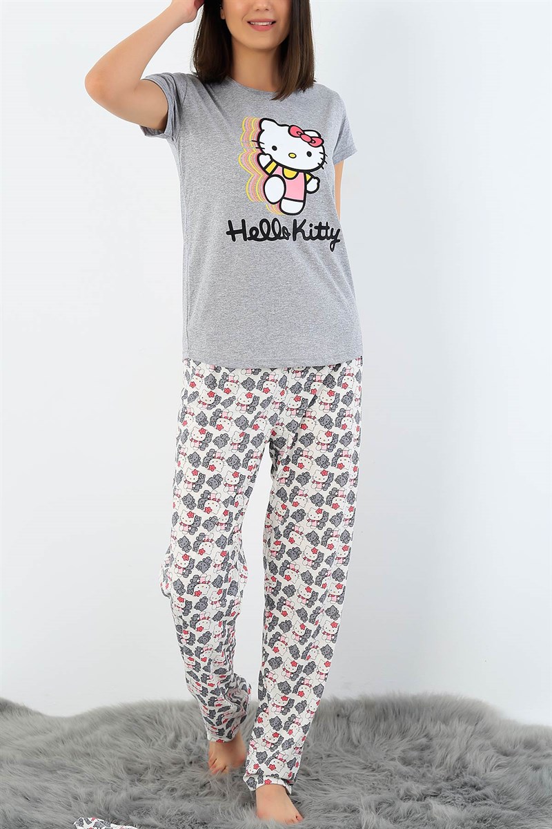 Gri Hello Kity Baskılı Bayan Pijama Takımı 33417