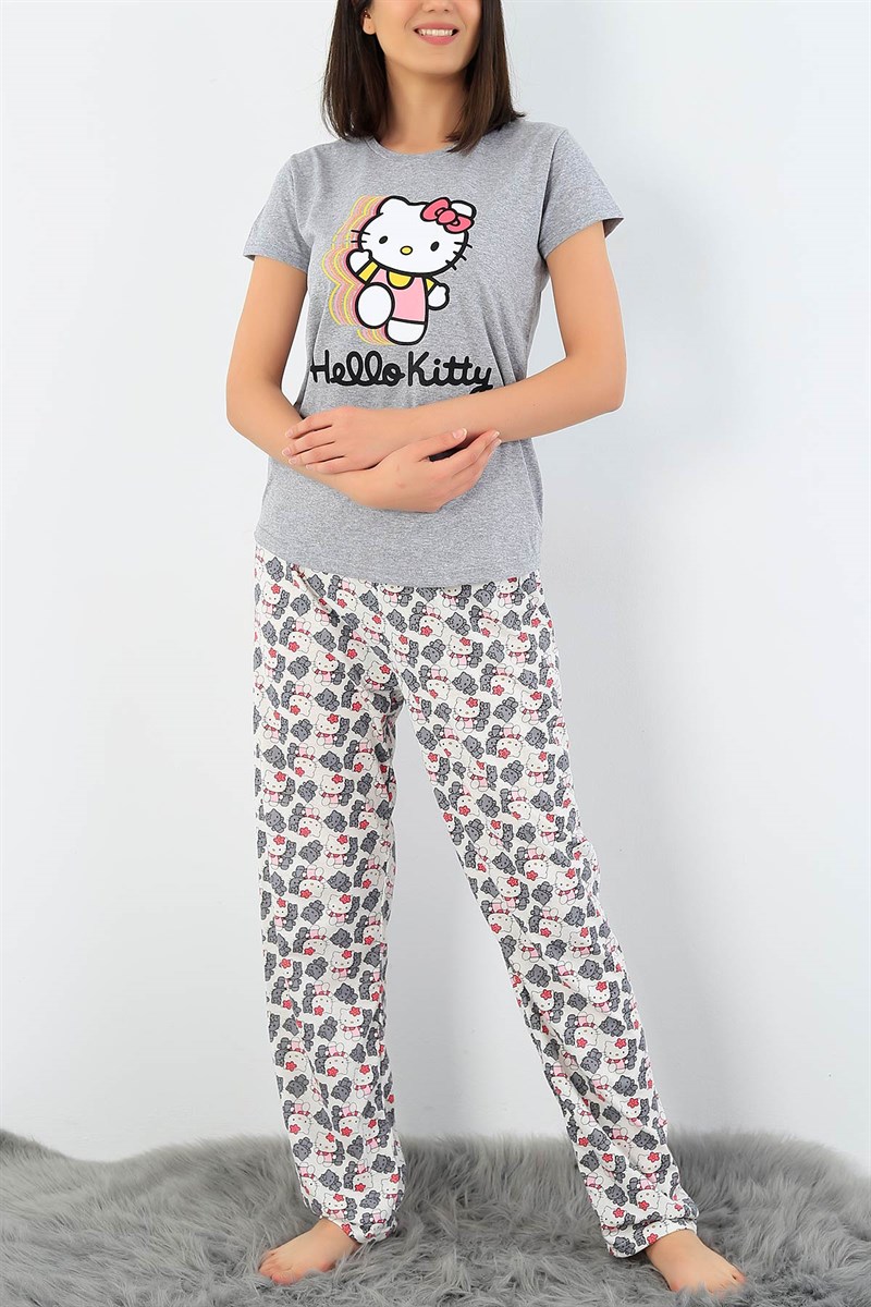 Gri Hello Kity Baskılı Bayan Pijama Takımı 33417